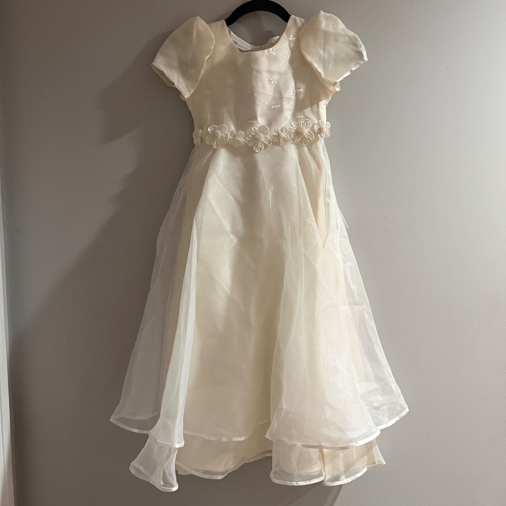 Bonnie Jean Flower Girl Dress Girls 7 Cream R41658-1 Excellent Pearl Rosette